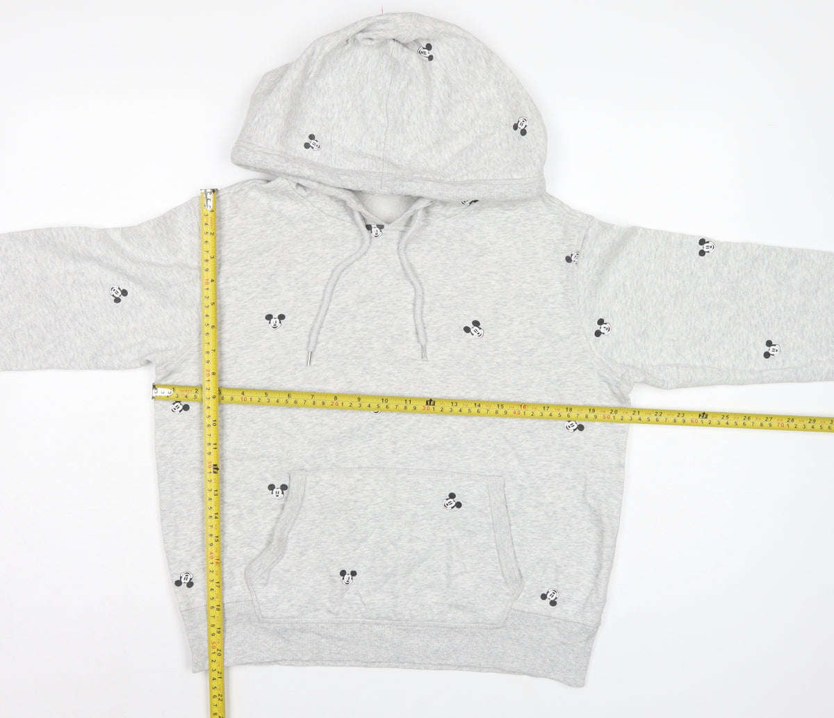 Close-up detail of H&M L.O.G.G. Women Grey S Mickey Mouse Hooded Pullover Sweatshirt