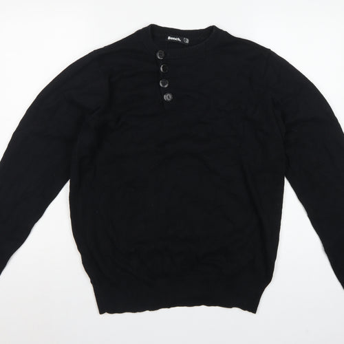 Bench Men's Black Medium Cotton Henley Button Knit Jumper Logo