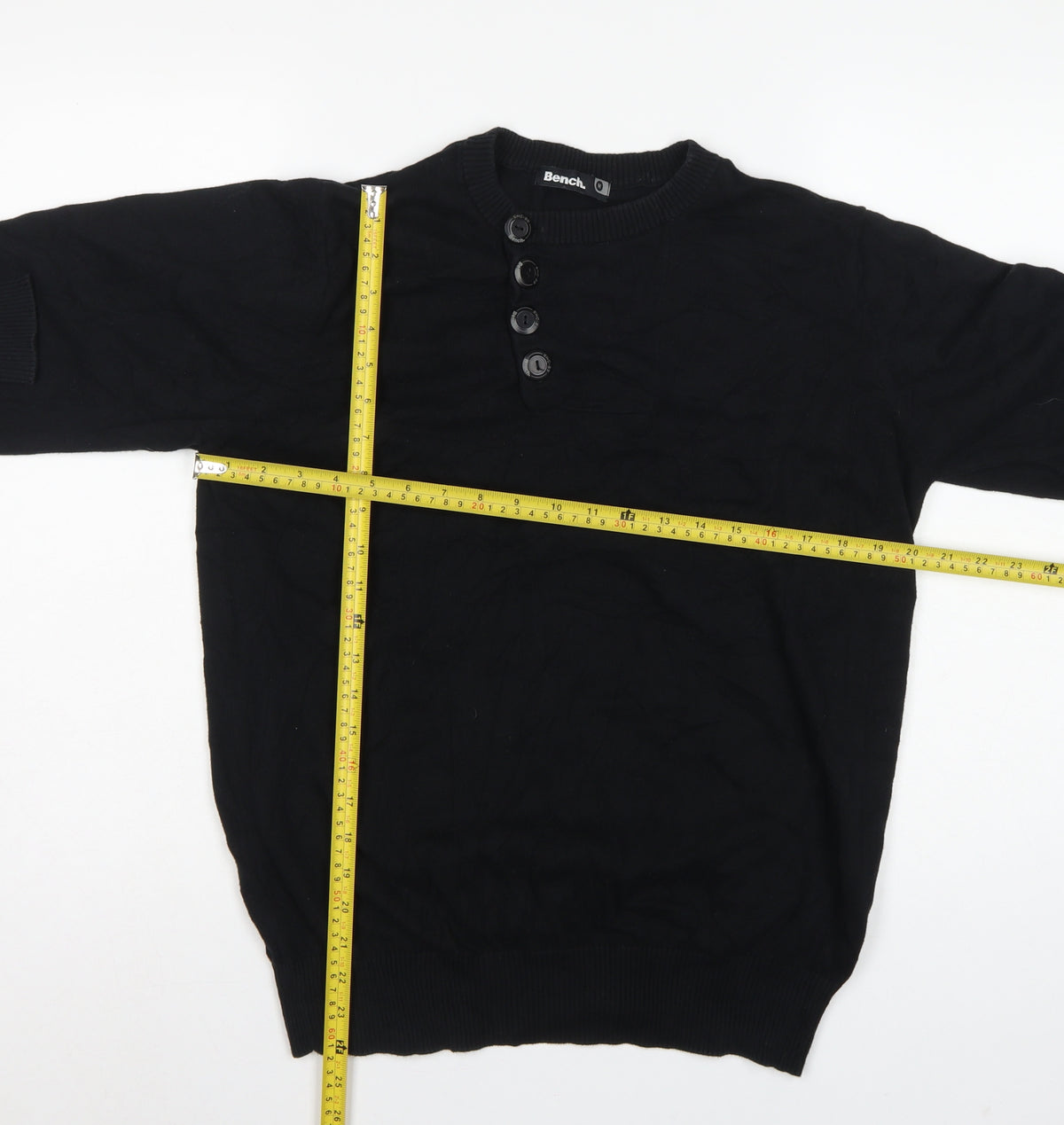 Bench Men's Black Medium Cotton Henley Button Knit Jumper Logo