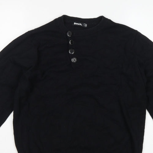 Bench Men's Black Medium Cotton Henley Button Knit Jumper Logo