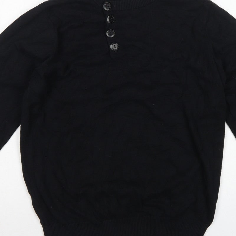 Bench Men's Black Medium Cotton Henley Button Knit Jumper Logo