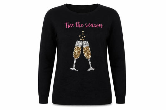 Front view of Evans Women's Black, size 22/24, Sequin Champagne Christmas jumper