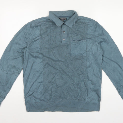 Marks and Spencer Men Blue L Collared Cotton Knit Pullover Jumper