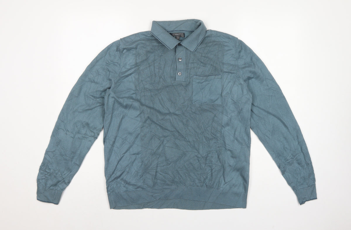Marks and Spencer Men Blue L Collared Cotton Knit Pullover Jumper