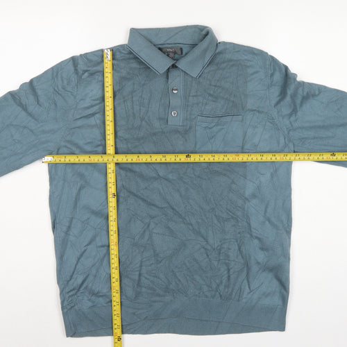 Marks and Spencer Men Blue L Collared Cotton Knit Pullover Jumper