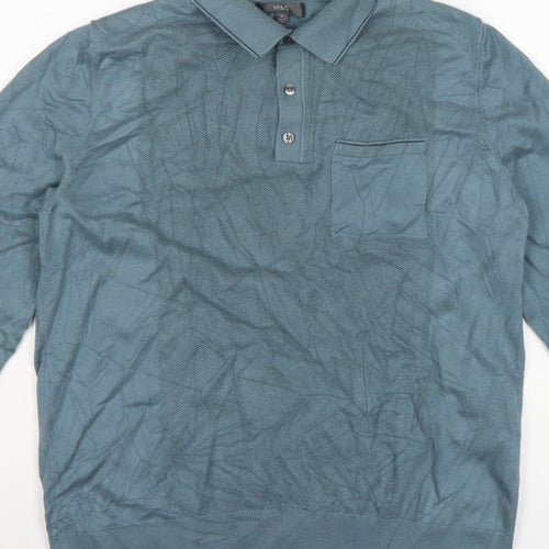 Marks and Spencer Men Blue L Collared Cotton Knit Pullover Jumper