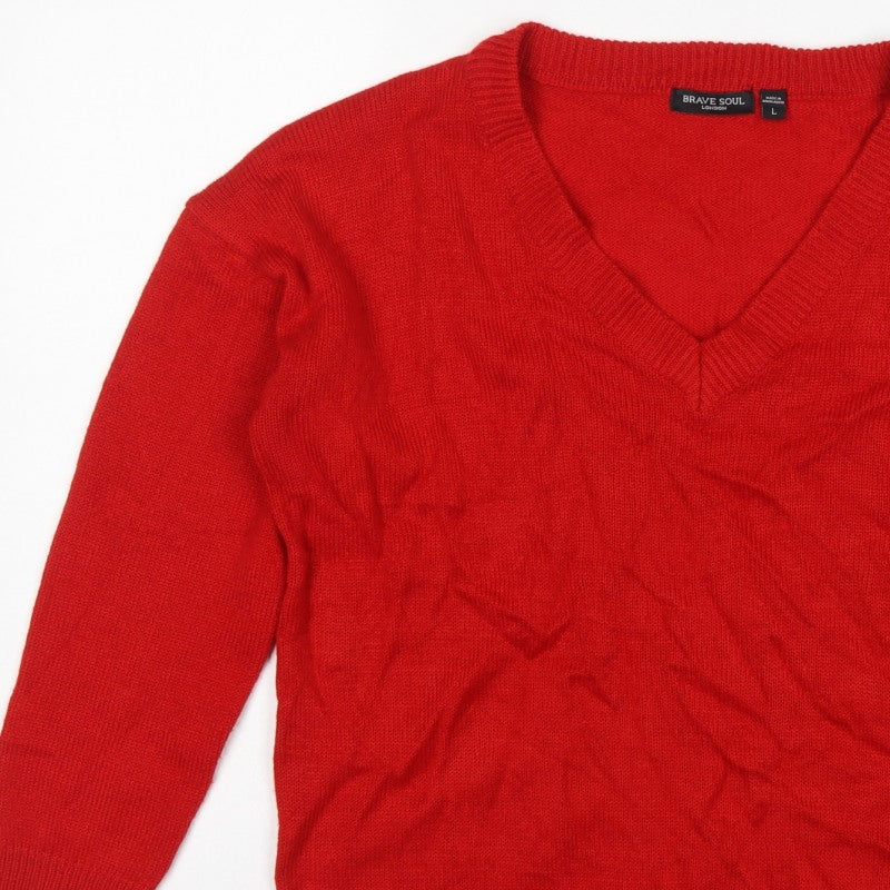 Brave Soul Women’s Red V-Neck Acrylic Knit Pullover Jumper L