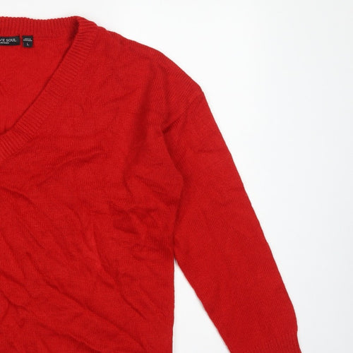 Brave Soul Women’s Red V-Neck Acrylic Knit Pullover Jumper L