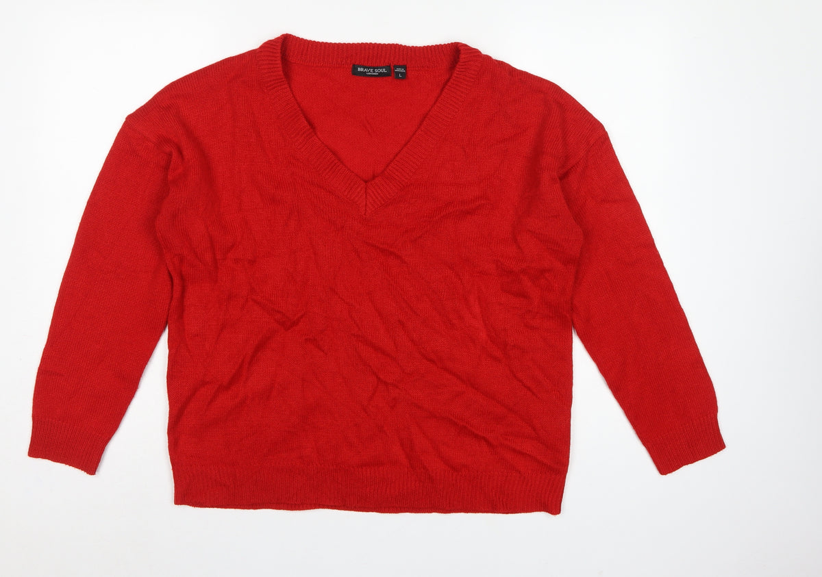 Brave Soul Women’s Red V-Neck Acrylic Knit Pullover Jumper L