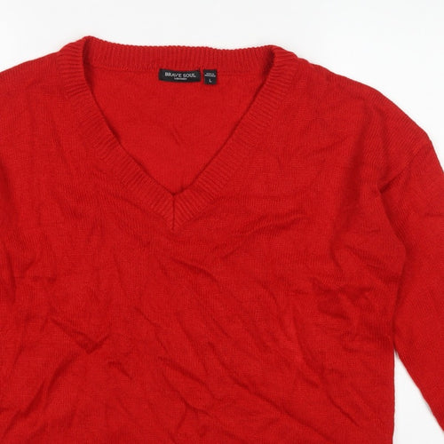 Brave Soul Women’s Red V-Neck Acrylic Knit Pullover Jumper L