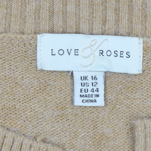 Love & Roses Women Beige UK 16 Open Herringbone Knit Cardigan