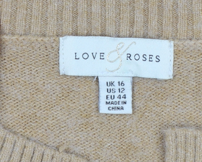 Love & Roses Women Beige UK 16 Open Herringbone Knit Cardigan