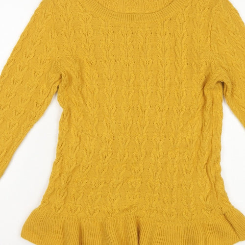 Miss Selfridge Women Yellow UK 12 Cable-Knit Round Neck Peplum Jumper