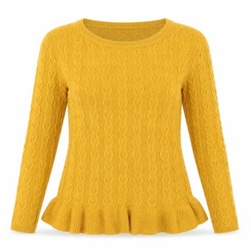 Miss Selfridge Women Yellow UK 12 Cable-Knit Round Neck Peplum Jumper