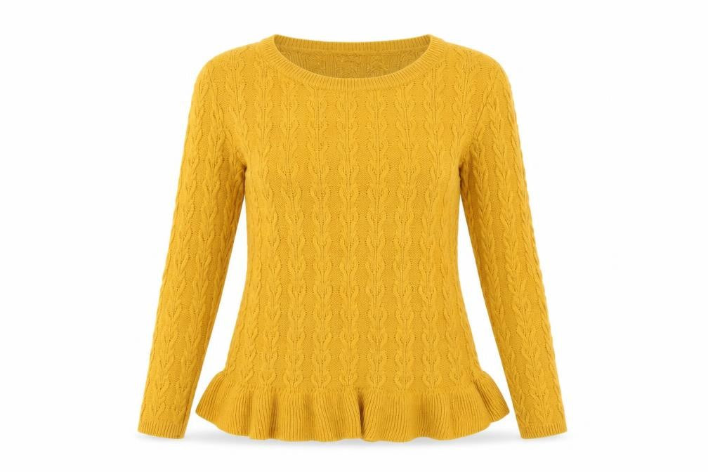 Miss Selfridge Women Yellow UK 12 Cable-Knit Round Neck Peplum Jumper