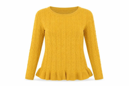 Miss Selfridge Women Yellow UK 12 Cable-Knit Round Neck Peplum Jumper