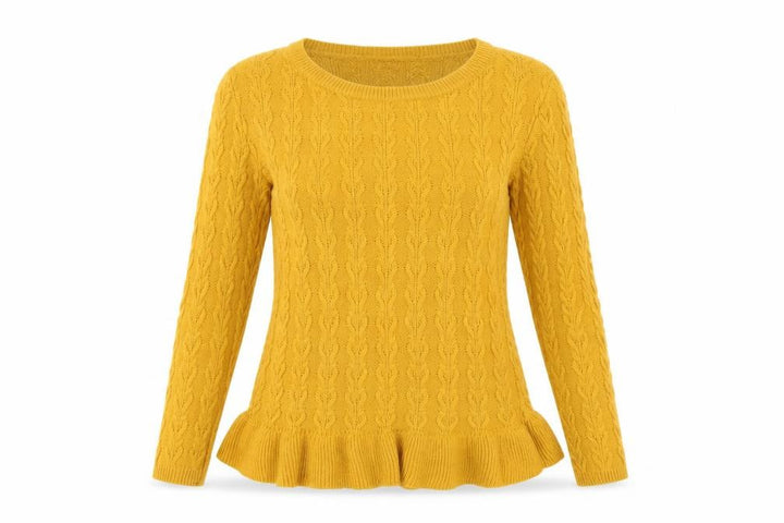 Miss Selfridge Women Yellow UK 12 Cable-Knit Round Neck Peplum Jumper
