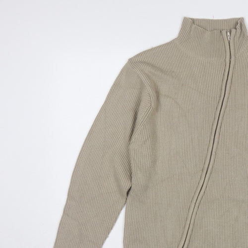 Blue Inc Men's Beige L Full Zip High Neck Rib Knit Acrylic Jumper