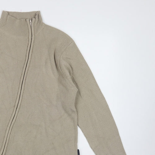 Blue Inc Men's Beige L Full Zip High Neck Rib Knit Acrylic Jumper