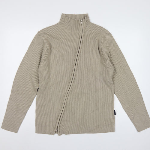 Blue Inc Men's Beige L Full Zip High Neck Rib Knit Acrylic Jumper