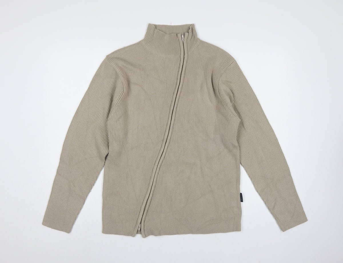 Blue Inc Men's Beige L Full Zip High Neck Rib Knit Acrylic Jumper