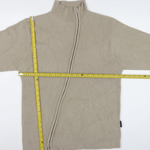 Blue Inc Men's Beige L Full Zip High Neck Rib Knit Acrylic Jumper