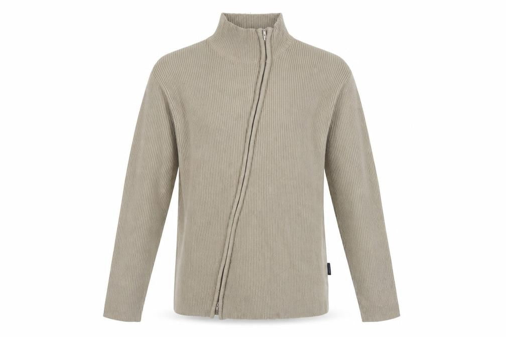Blue Inc Men's Beige L Full Zip High Neck Rib Knit Acrylic Jumper
