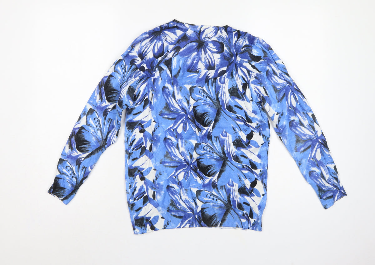 /itext. Women’s Blue Floral Knit Jumper Size S Round Neck Long Sleeve