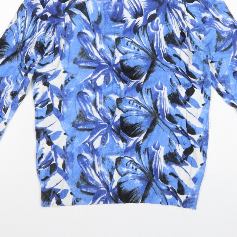 /itext. Women’s Blue Floral Knit Jumper Size S Round Neck Long Sleeve