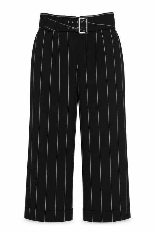 M&S Women Grey Pinstripe High Rise Belted Tapered Trousers UK 14