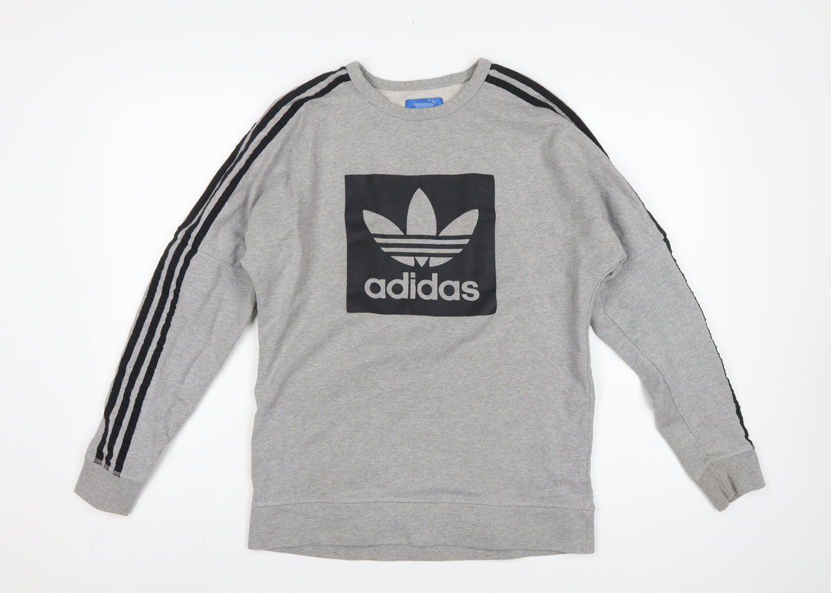 Back view of Adidas Men’s Grey XS Pullover Sweatshirt Trefoil Logo 3 Stripe