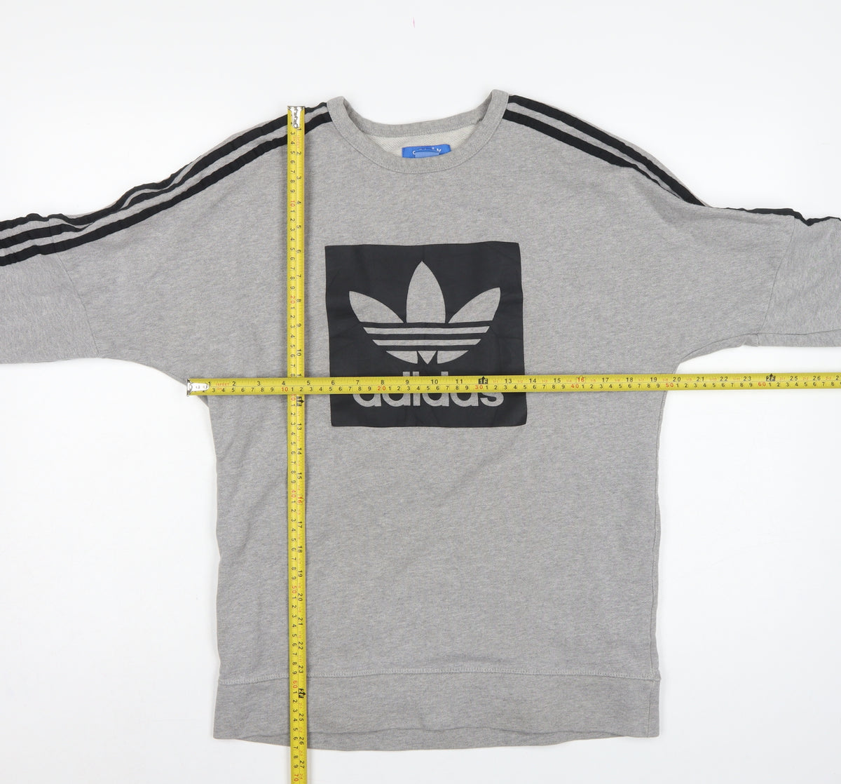 Close-up detail of Adidas Men’s Grey XS Pullover Sweatshirt Trefoil Logo 3 Stripe