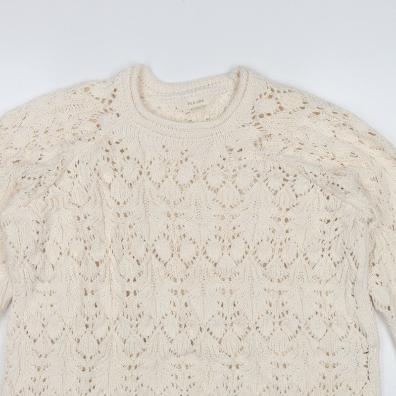 M&S Per Una Women Ivory L Open Knit Cotton Pullover Jumper