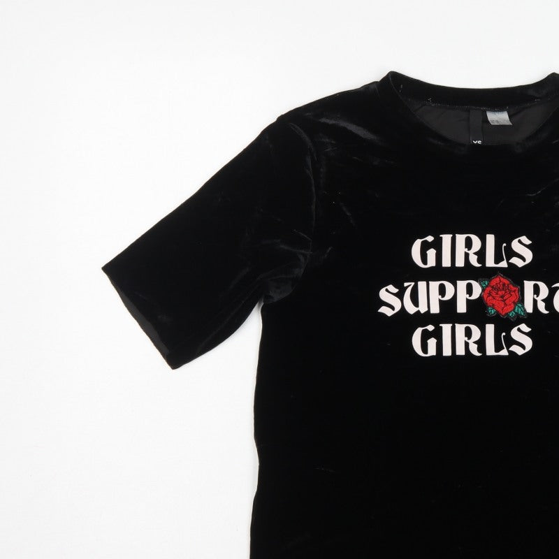 Divided H&M Women Black XS Velvet Girls Support Girls T-Shirt