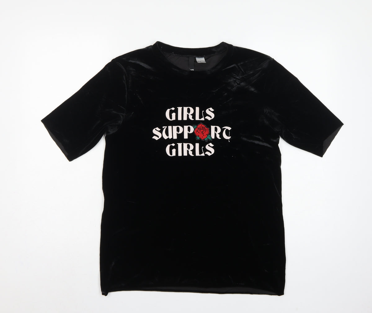 Divided H&M Women Black XS Velvet Girls Support Girls T-Shirt