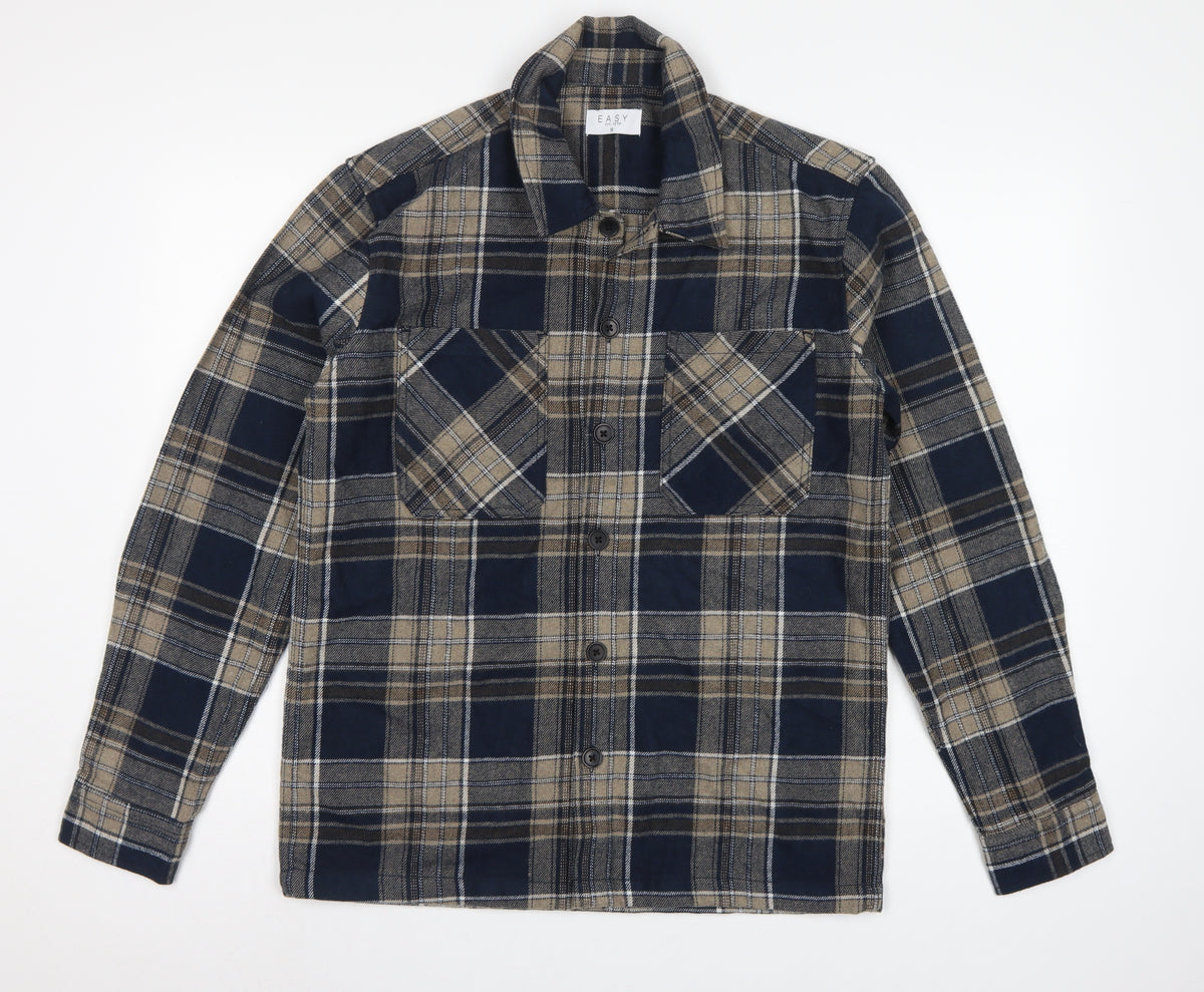 Easy Men's Blue Plaid Flannel Button-Up Shirt Size S Long Sleeve