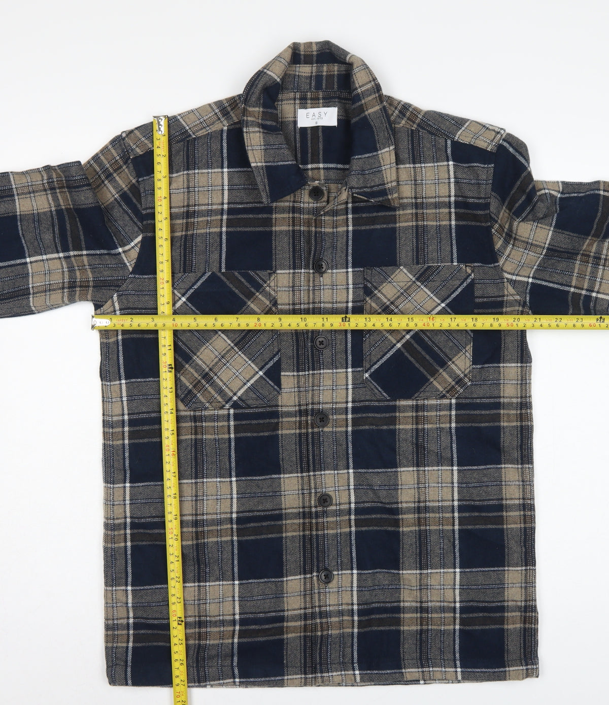 Easy Men's Blue Plaid Flannel Button-Up Shirt Size S Long Sleeve