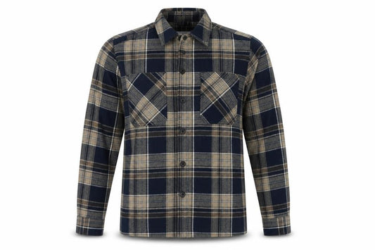 Front view of Easy Men's Blue Plaid Flannel Button-Up Shirt, size S, Long Sleeve
