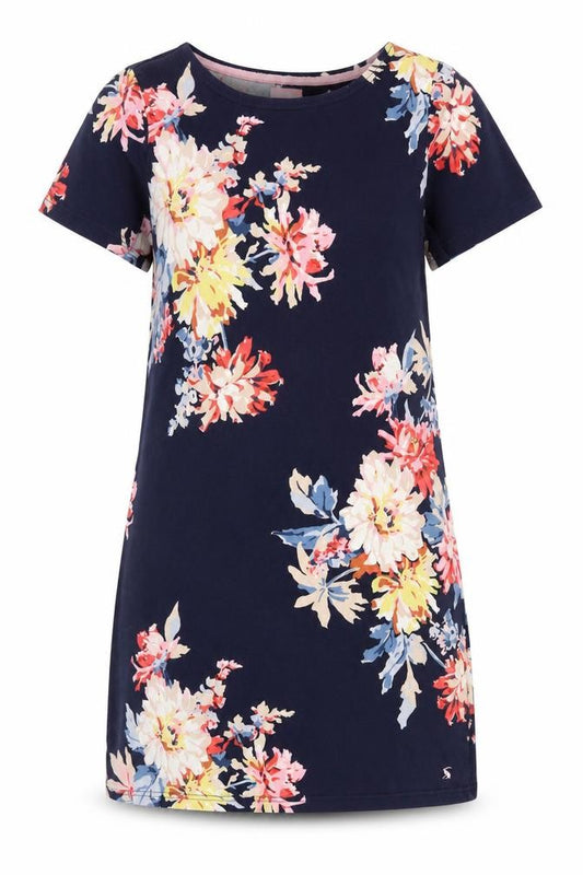 Front view of Joules Women’s Blue Floral Cotton Jersey Shift Dress UK 14 Knee Length