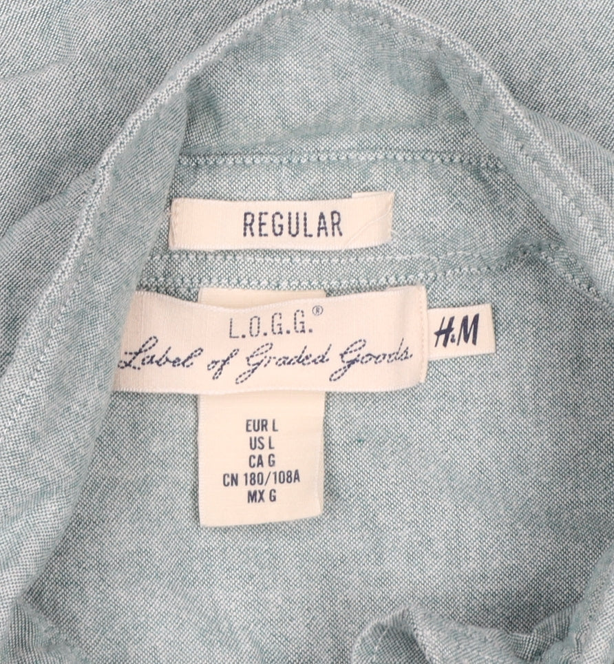 H&M Men’s Green L.O.G.G. L Regular Cotton Button-Down Shirt