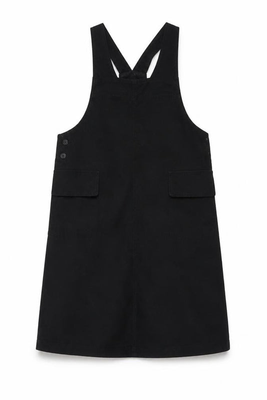 Monki Women Black M Midi Pinafore Dungaree Dress Pockets V Neck