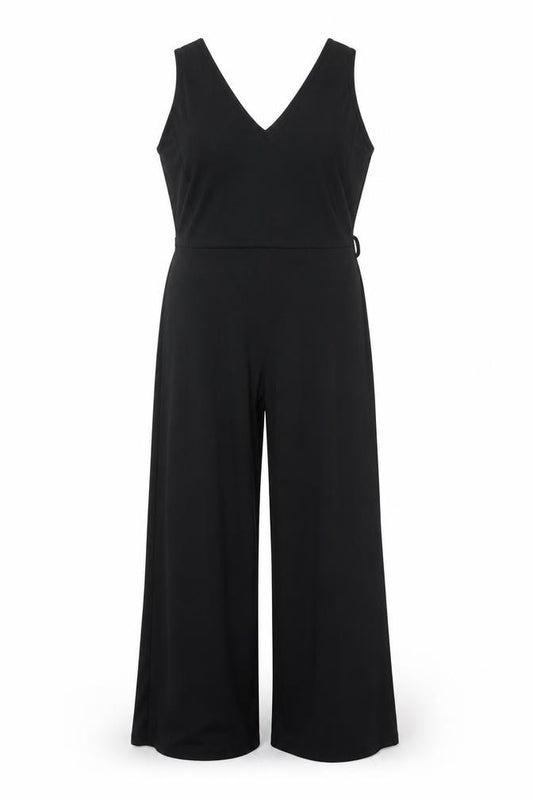 River Island Women’s Black UK 14 Ribbed Wide-Leg V-Neck Jumpsuit