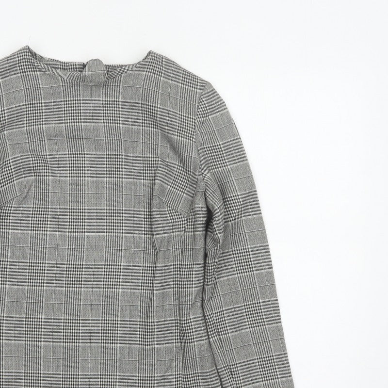 Next Women Grey Check High Neck Zip Long Sleeve Blouse UK 8