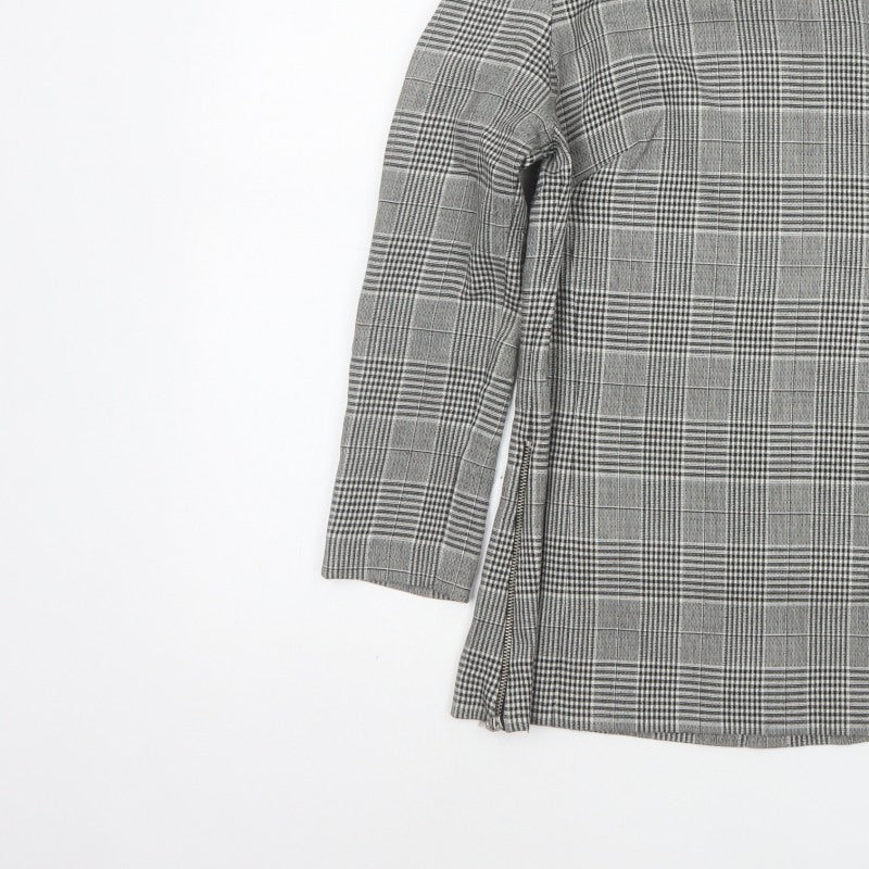 Next Women Grey Check High Neck Zip Long Sleeve Blouse UK 8