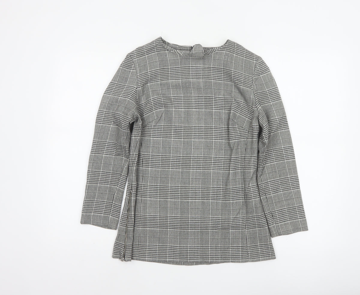 Next Women Grey Check High Neck Zip Long Sleeve Blouse UK 8