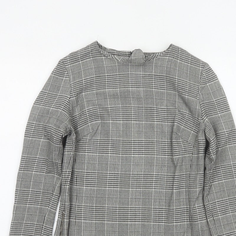 Next Women Grey Check High Neck Zip Long Sleeve Blouse UK 8