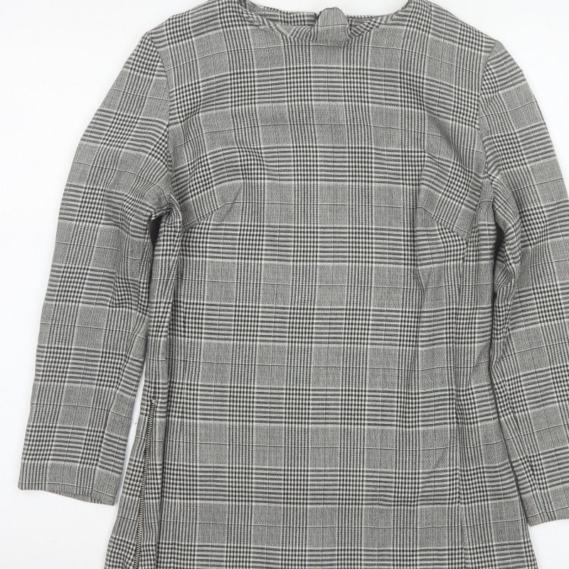 Next Women Grey Check High Neck Zip Long Sleeve Blouse UK 8