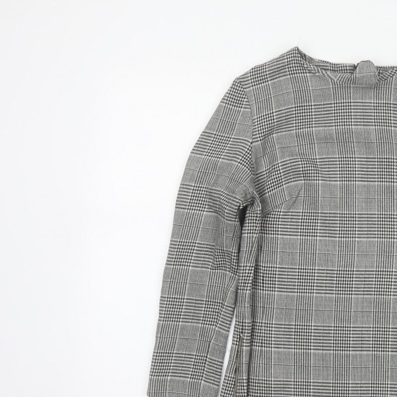Next Women Grey Check High Neck Zip Long Sleeve Blouse UK 8