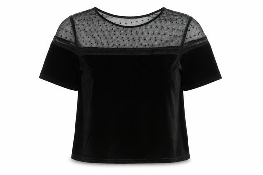New Look Women Black UK 12 Velvet Mesh Polka Dot Short Sleeve T-Shirt