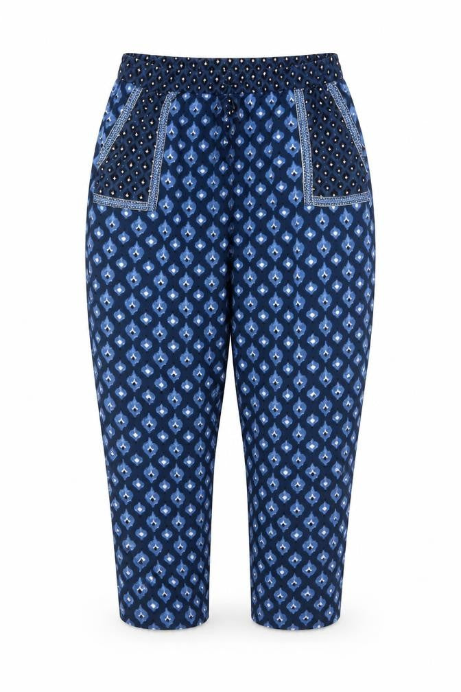Monsoon Beach Women Blue Geometric Harem Trousers XL Drawstring